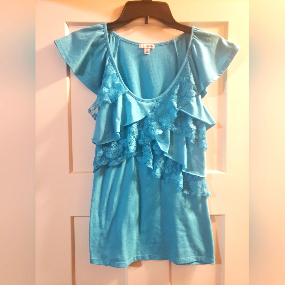 Teal Lace Trim Detail Scoop Neck Short Sleeve Top Size S